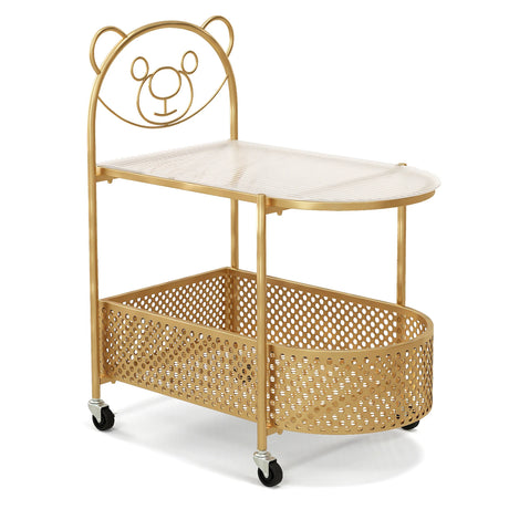 2-Tier Mobile Glass Coffee Table with Bear Pattern and Storage Basket-Golden