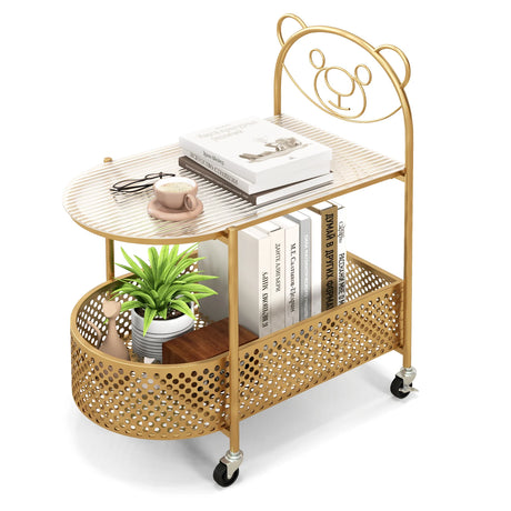 2-Tier Mobile Glass Coffee Table with Bear Pattern and Storage Basket-Golden