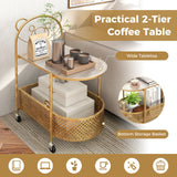 2-Tier Mobile Glass Coffee Table with Bear Pattern and Storage Basket-Golden
