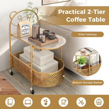 2-Tier Mobile Glass Coffee Table with Bear Pattern and Storage Basket-Golden