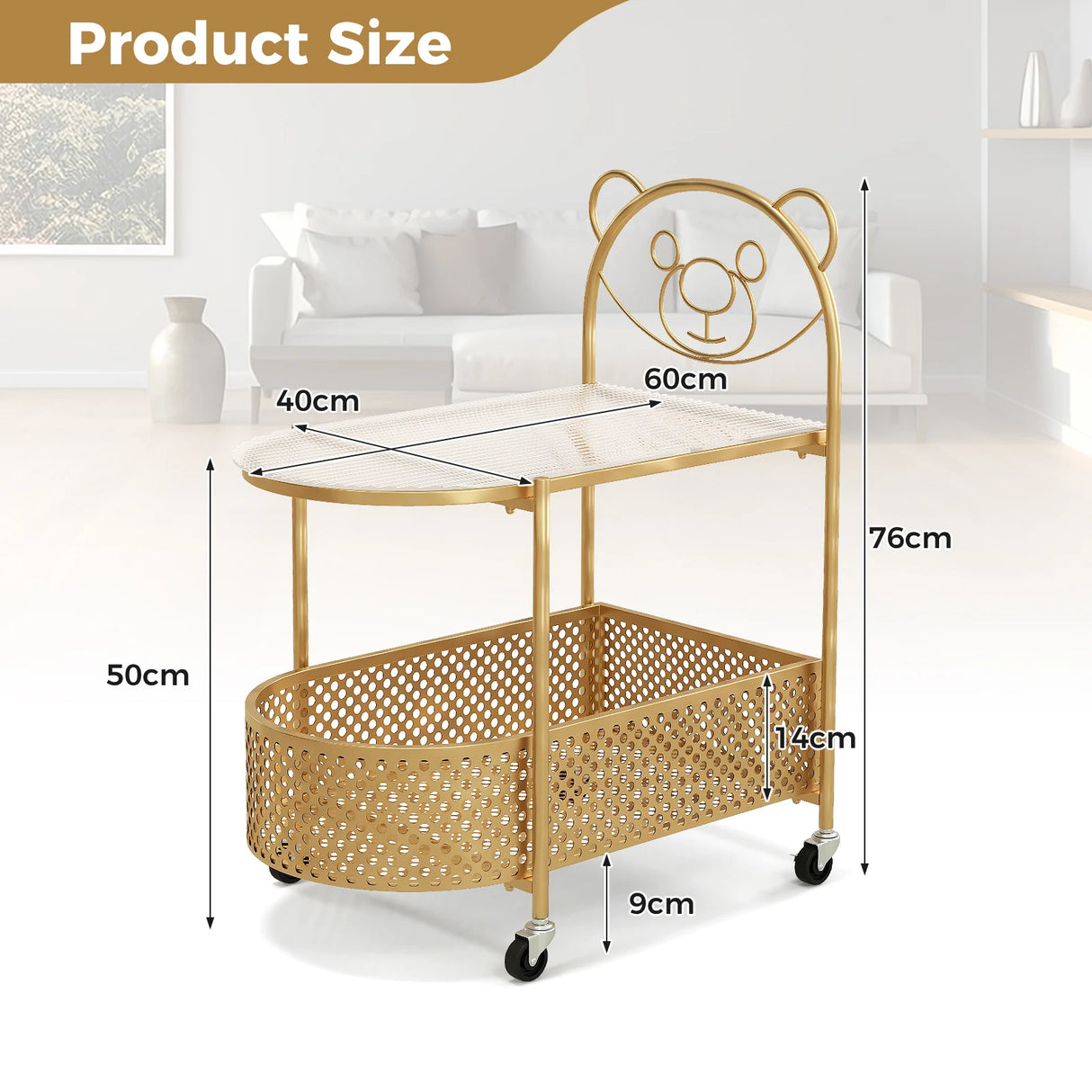 2-Tier Mobile Glass Coffee Table with Bear Pattern and Storage Basket-Golden