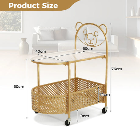 2-Tier Mobile Glass Coffee Table with Bear Pattern and Storage Basket-Golden