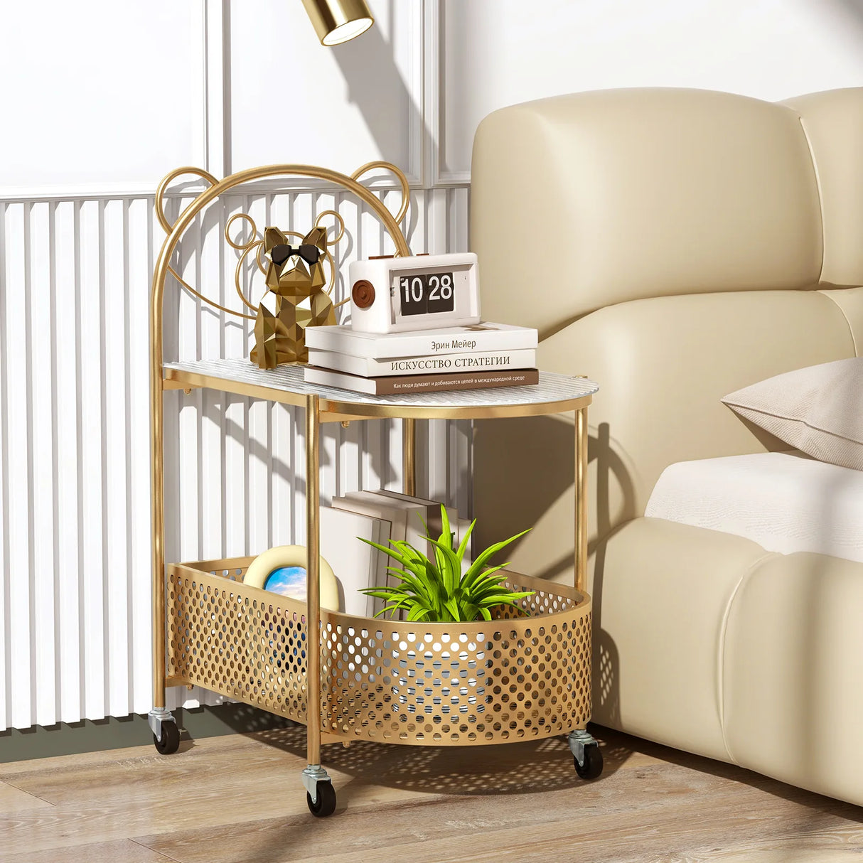 2-Tier Mobile Glass Coffee Table with Bear Pattern and Storage Basket-Golden