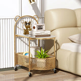 2-Tier Mobile Glass Coffee Table with Bear Pattern and Storage Basket-Golden