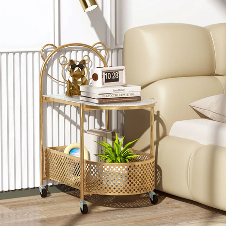 2-Tier Mobile Glass Coffee Table with Bear Pattern and Storage Basket-Golden