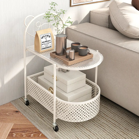 2-Tier Mobile Glass Coffee Table with Bear Pattern and Storage Basket-White