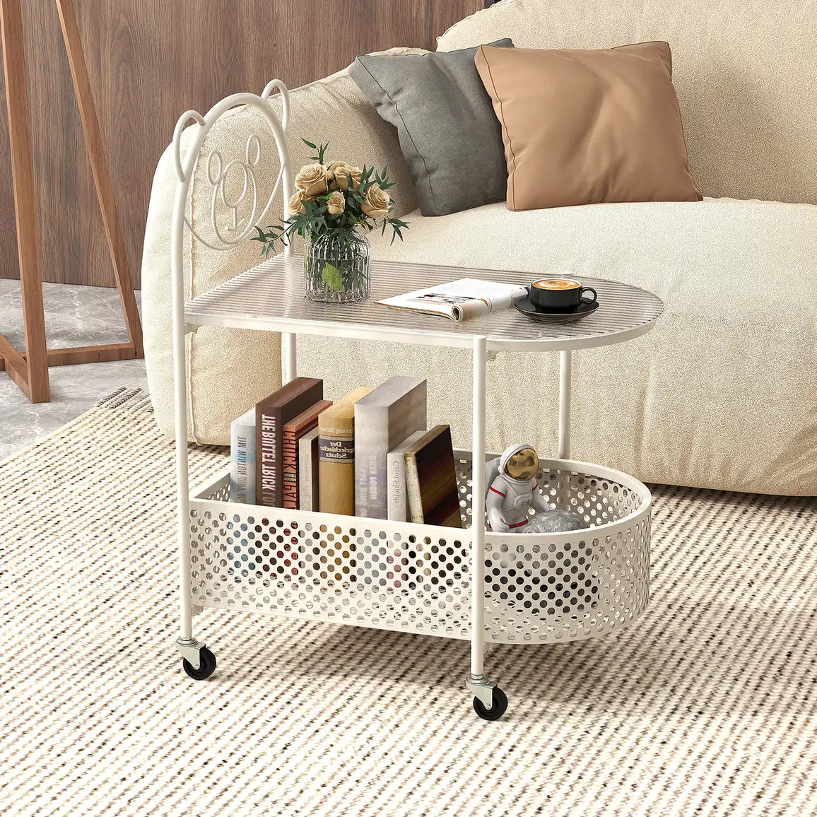 2-Tier Mobile Glass Coffee Table with Bear Pattern and Storage Basket-White