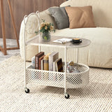 2-Tier Mobile Glass Coffee Table with Bear Pattern and Storage Basket-White