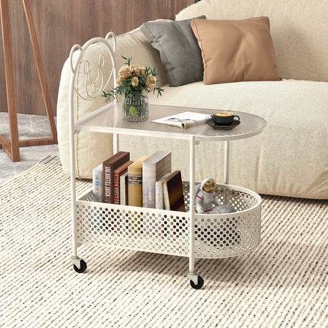 2-Tier Mobile Glass Coffee Table with Bear Pattern and Storage Basket-White
