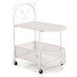 2-Tier Mobile Glass Coffee Table with Bear Pattern and Storage Basket-White