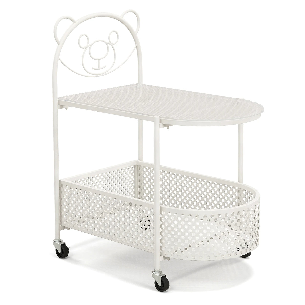 2-Tier Mobile Glass Coffee Table with Bear Pattern and Storage Basket-White