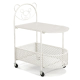 2-Tier Mobile Glass Coffee Table with Bear Pattern and Storage Basket-White