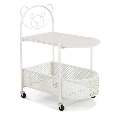 2-Tier Mobile Glass Coffee Table with Bear Pattern and Storage Basket-White