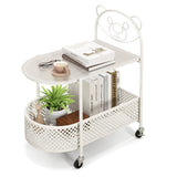 2-Tier Mobile Glass Coffee Table with Bear Pattern and Storage Basket-White