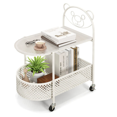 2-Tier Mobile Glass Coffee Table with Bear Pattern and Storage Basket-White