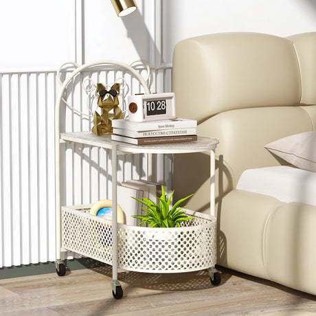 2-Tier Mobile Glass Coffee Table with Bear Pattern and Storage Basket-White