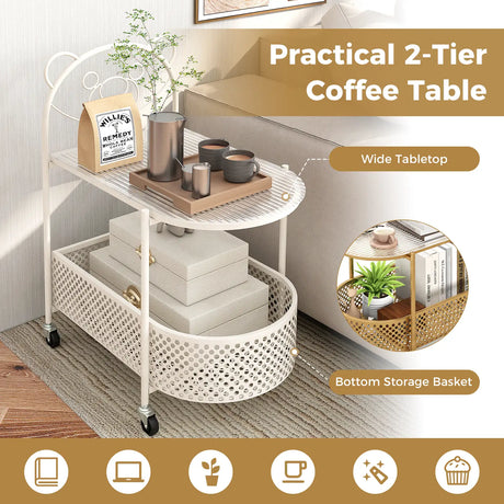 2-Tier Mobile Glass Coffee Table with Bear Pattern and Storage Basket-White