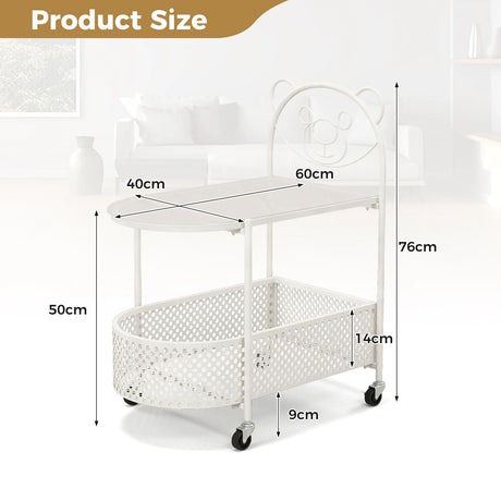 2-Tier Mobile Glass Coffee Table with Bear Pattern and Storage Basket-White