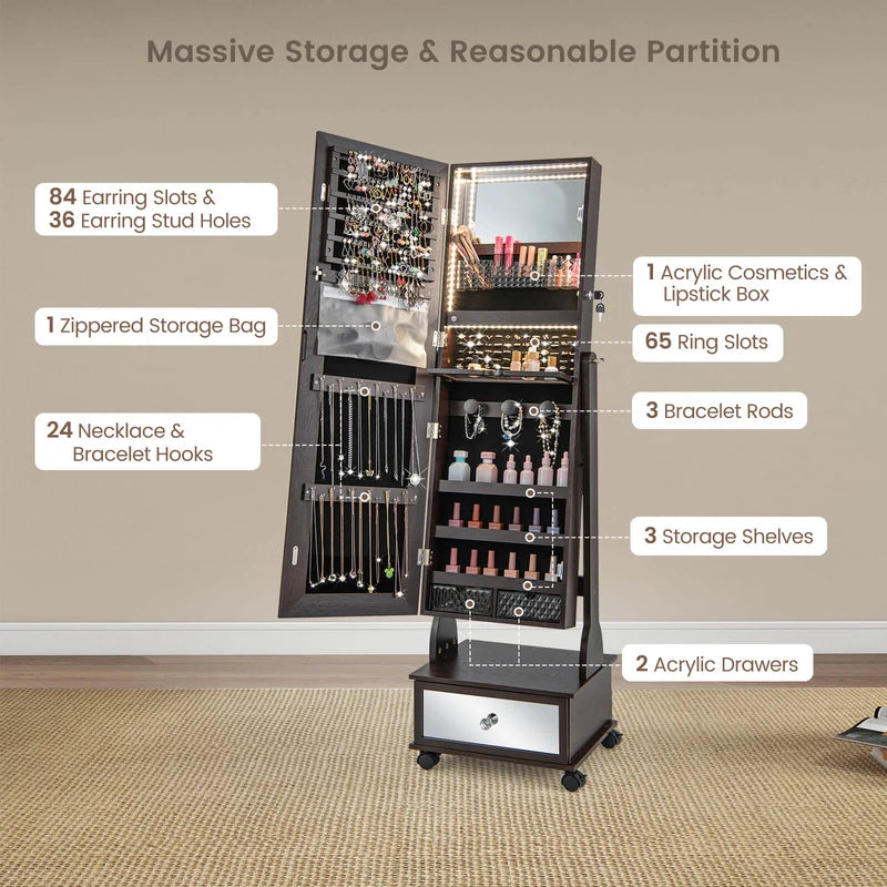 47 Inch Lockable Jewelry Cabinet Armoire with 3-Color LED Lights-Brown