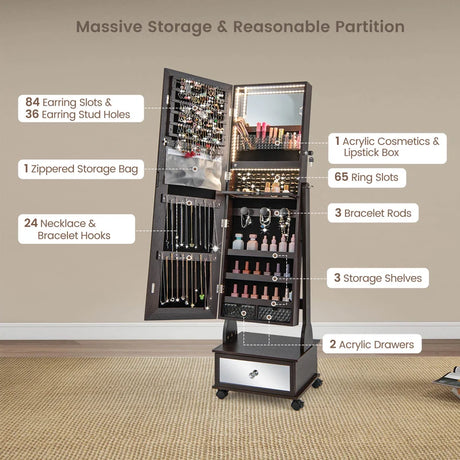 47 Inch Lockable Jewelry Cabinet Armoire with 3-Color LED Lights-Brown