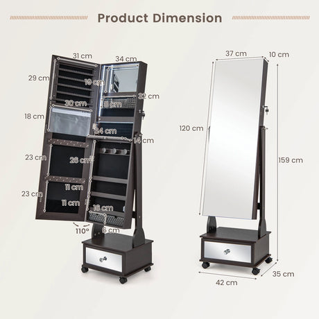 47 Inch Lockable Jewelry Cabinet Armoire with 3-Color LED Lights-Brown