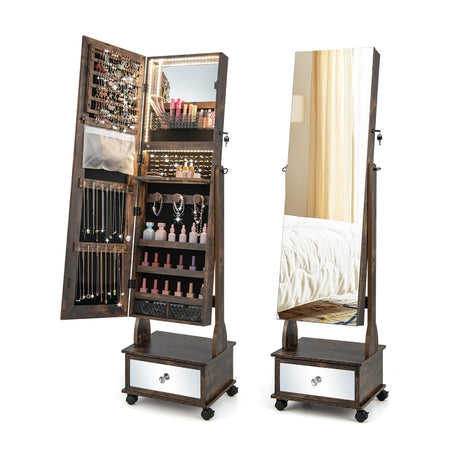 47 Inch Lockable Jewelry Cabinet Armoire with 3-Color LED Lights-Rustic Brown