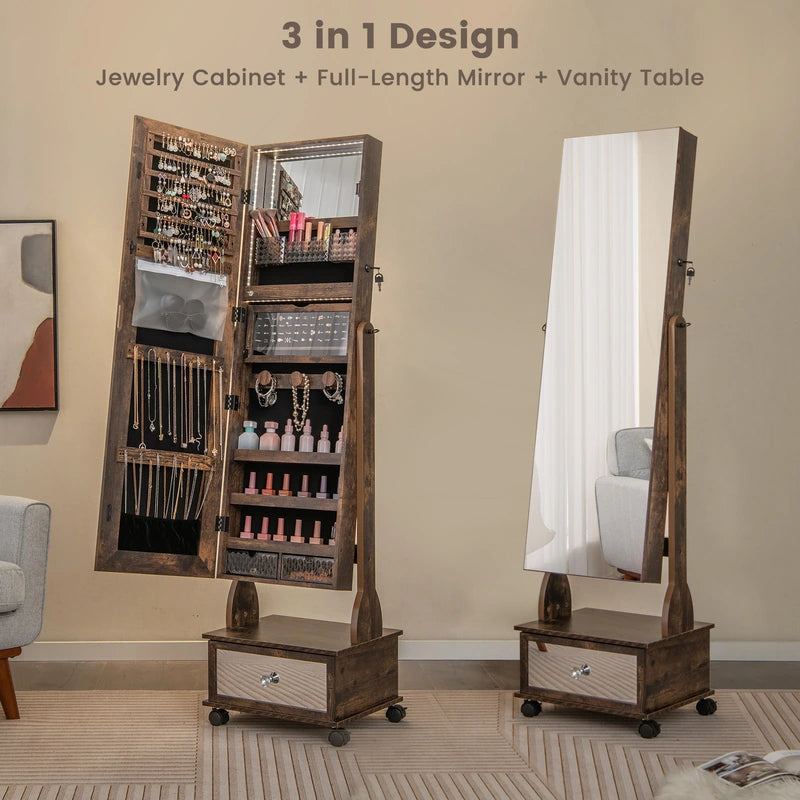 47 Inch Lockable Jewelry Cabinet Armoire with 3-Color LED Lights-Rustic Brown