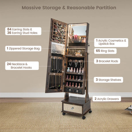 47 Inch Lockable Jewelry Cabinet Armoire with 3-Color LED Lights-Rustic Brown