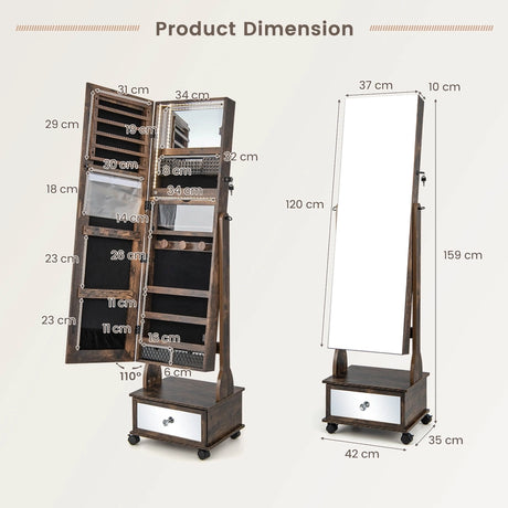 47 Inch Lockable Jewelry Cabinet Armoire with 3-Color LED Lights-Rustic Brown