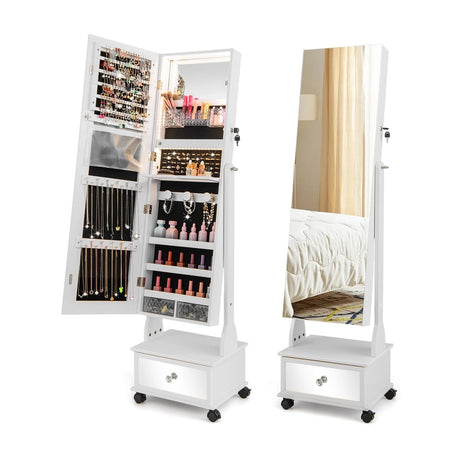 47 Inch Lockable Jewelry Cabinet Armoire with 3-Color LED Lights-White