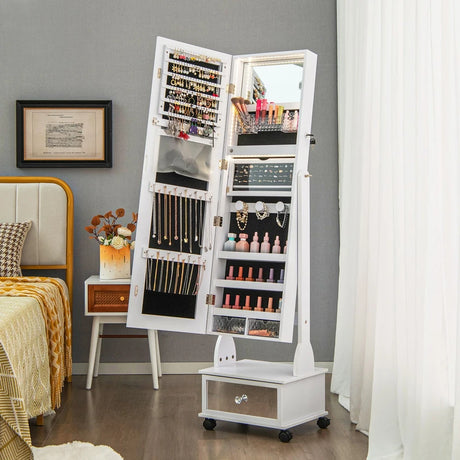 47 Inch Lockable Jewelry Cabinet Armoire with 3-Color LED Lights-White