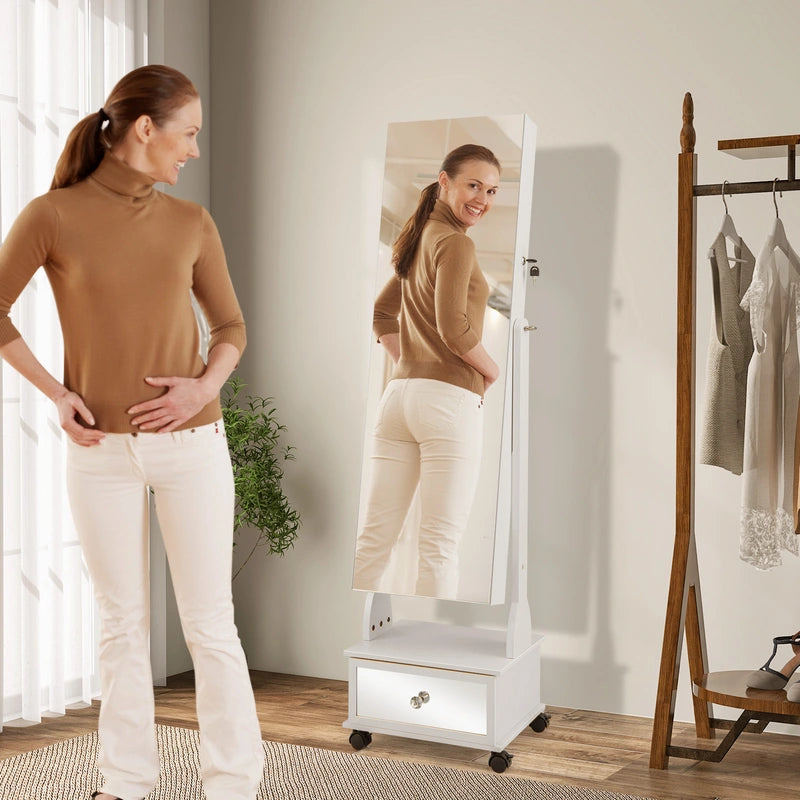 47 Inch Lockable Jewelry Cabinet Armoire with 3-Color LED Lights-White
