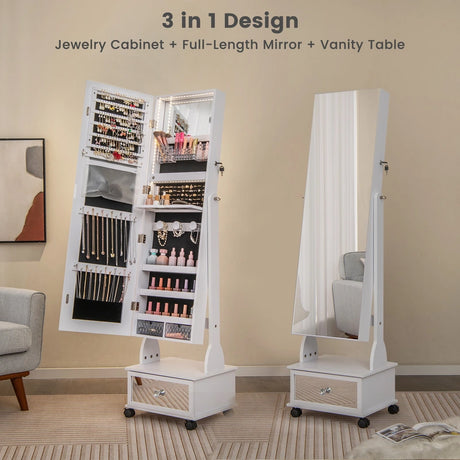 47 Inch Lockable Jewelry Cabinet Armoire with 3-Color LED Lights-White