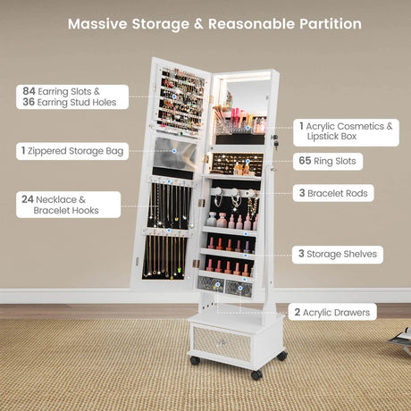 47 Inch Lockable Jewelry Cabinet Armoire with 3-Color LED Lights-White