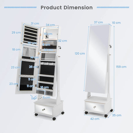 47 Inch Lockable Jewelry Cabinet Armoire with 3-Color LED Lights-White