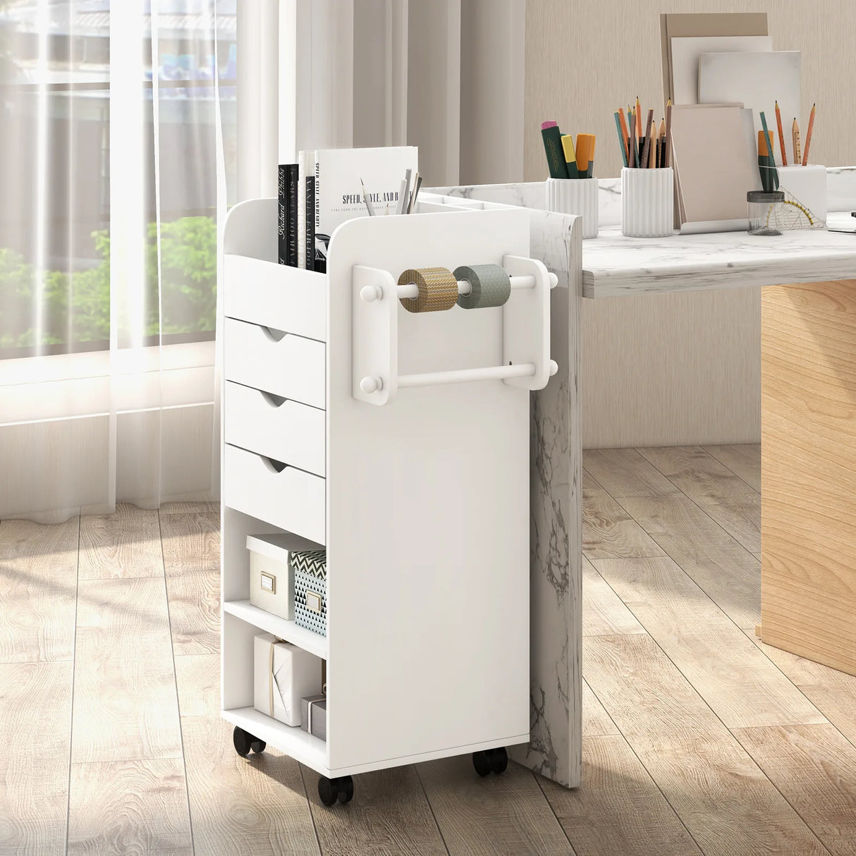 Utility Trolley with Open Shelves and 3 Drawers-White