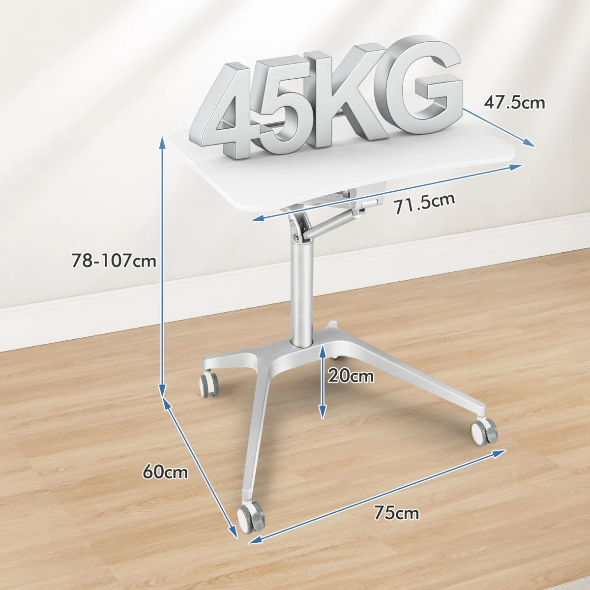 Mobile Standing Laptop Desk with Tablet Holder and 4 Rolling Casters-White