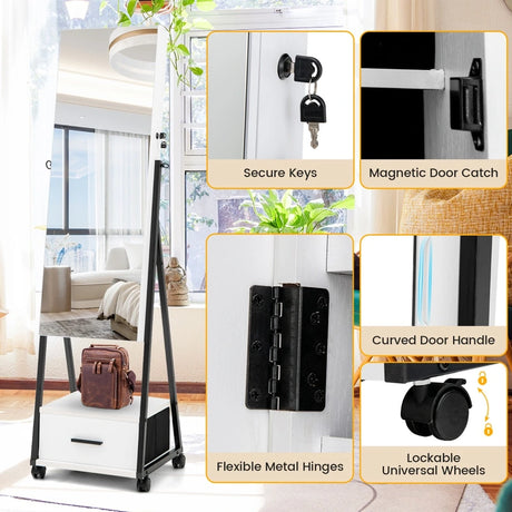 Mobile Standing Lockable Jewelry Cabinet with Full Length Mirror-White