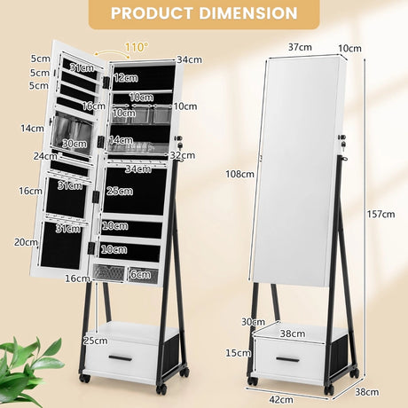 Mobile Standing Lockable Jewelry Cabinet with Full Length Mirror-White