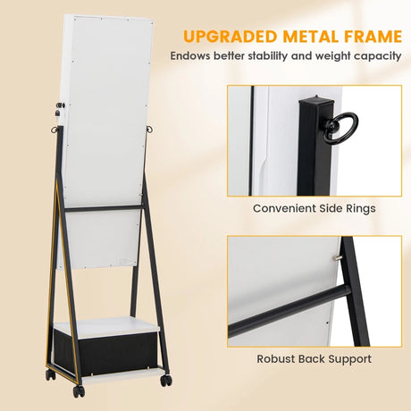 Mobile Standing Lockable Jewelry Cabinet with Full Length Mirror-White