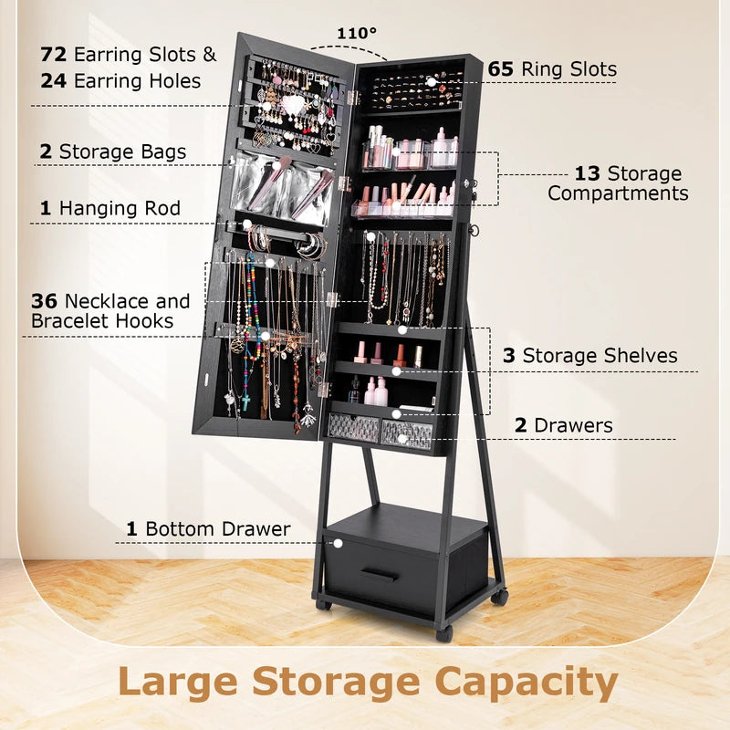 Jewelry Cabinet with Full-Length Mirror-Black