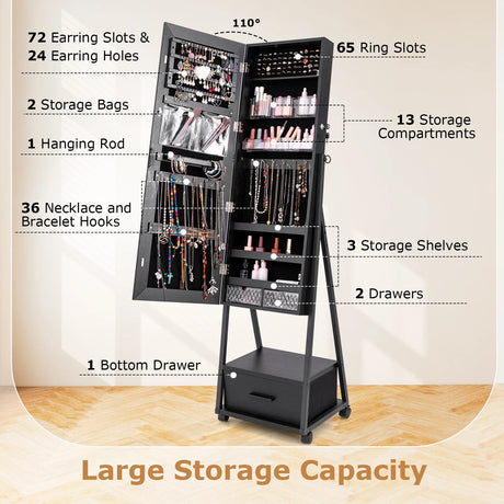 Jewelry Cabinet with Full-Length Mirror-Black
