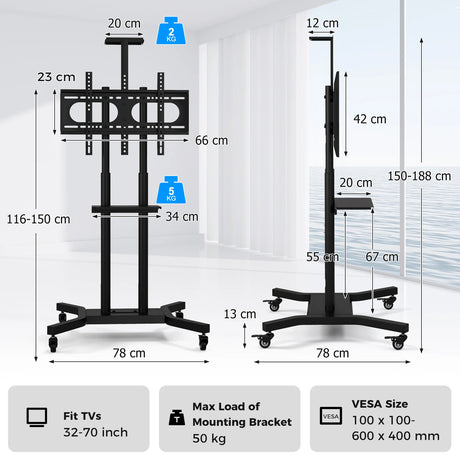 Mobile TV Stand Height Adjustable TV Cart with Lockable Wheels