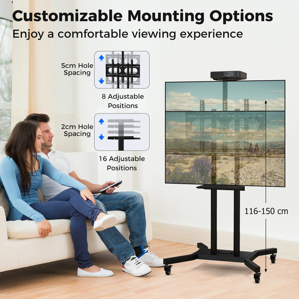 Mobile TV Stand Height Adjustable TV Cart with Lockable Wheels