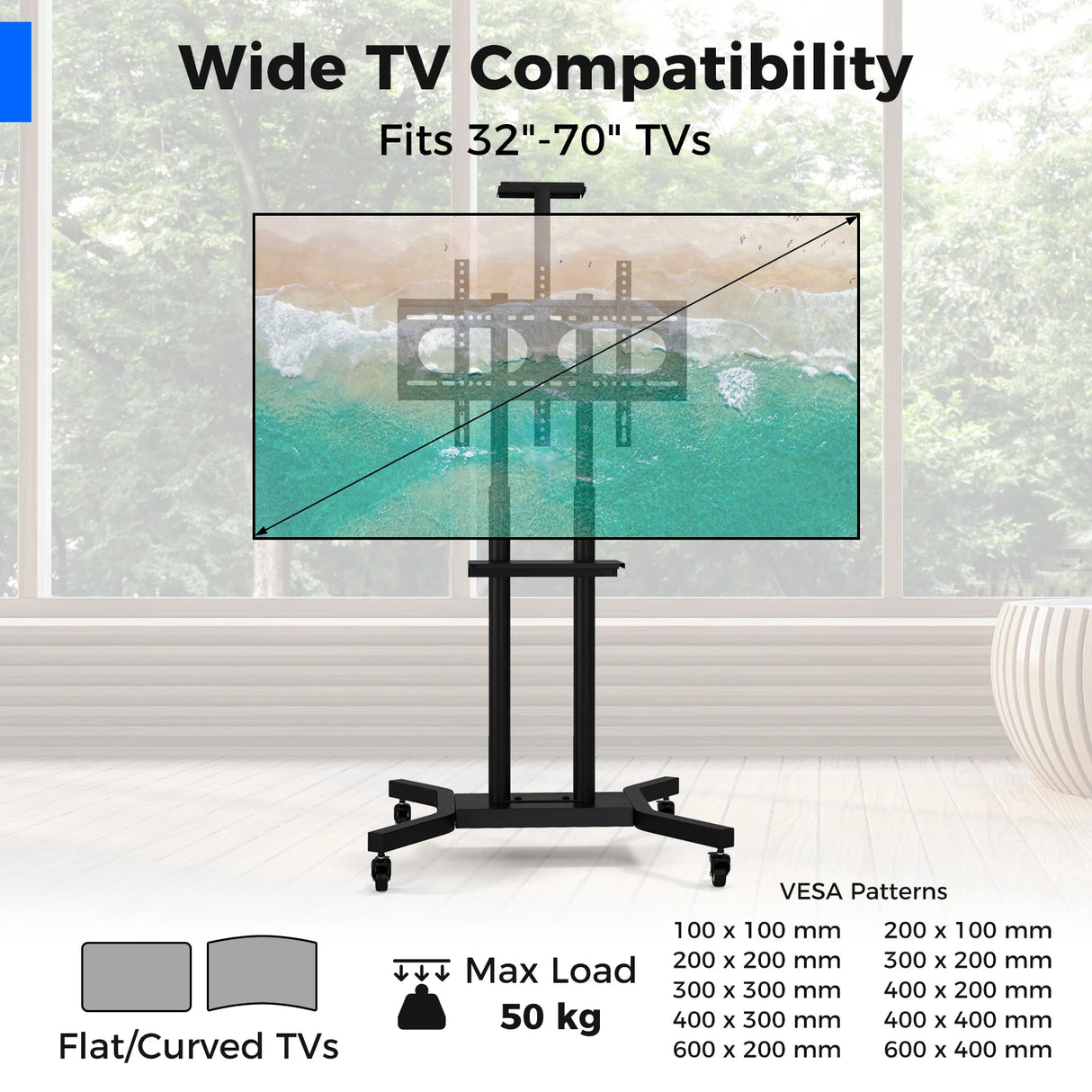 Mobile TV Stand Height Adjustable TV Cart with Lockable Wheels