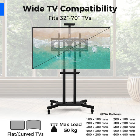 Mobile TV Stand Height Adjustable TV Cart with Lockable Wheels