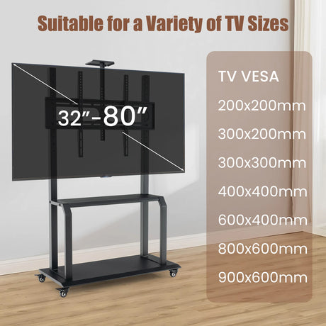 Mobile TV Stand with Camera Shelf and AV Shelves for 32-80 Inch Flat/Curved TVs