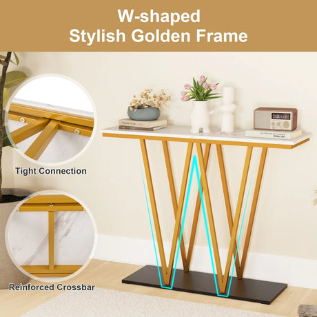 Modern Accent Extra Long Console Entry Table with Faux Marble Top-White