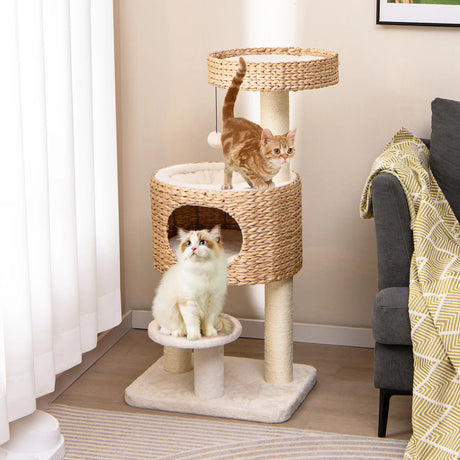 Modern Cat Tower with Hanging Toy and Anti-tipping Device-Natural