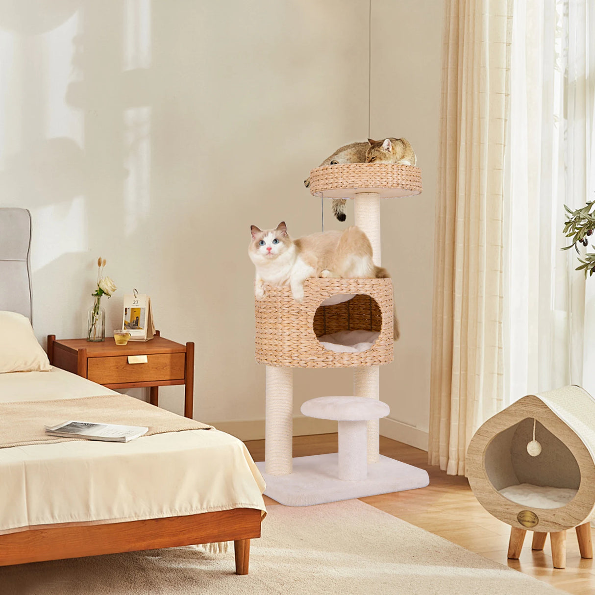 Modern Cat Tower with Hanging Toy and Anti-tipping Device-Natural